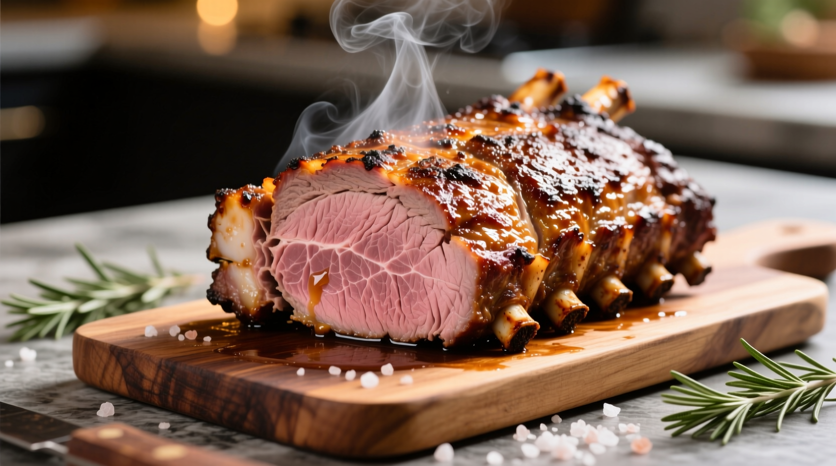 Perfectly cooked rib roast with golden crust and pink interior