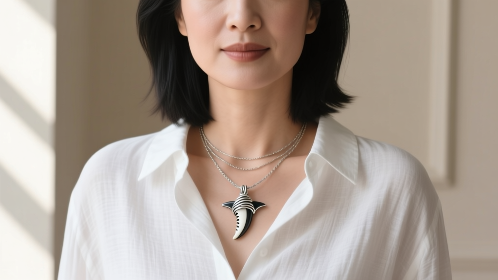 Person wearing a layered necklace set featuring a small wire wrap shark tooth pendant over a crisp white linen button-down shirt.