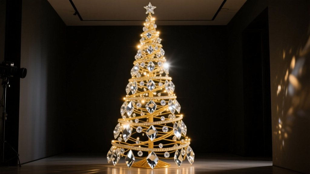 A towering costume jewelry christmas tree of vintage rhinestones and gold wire, illuminated by warm LED lights in a dark room
