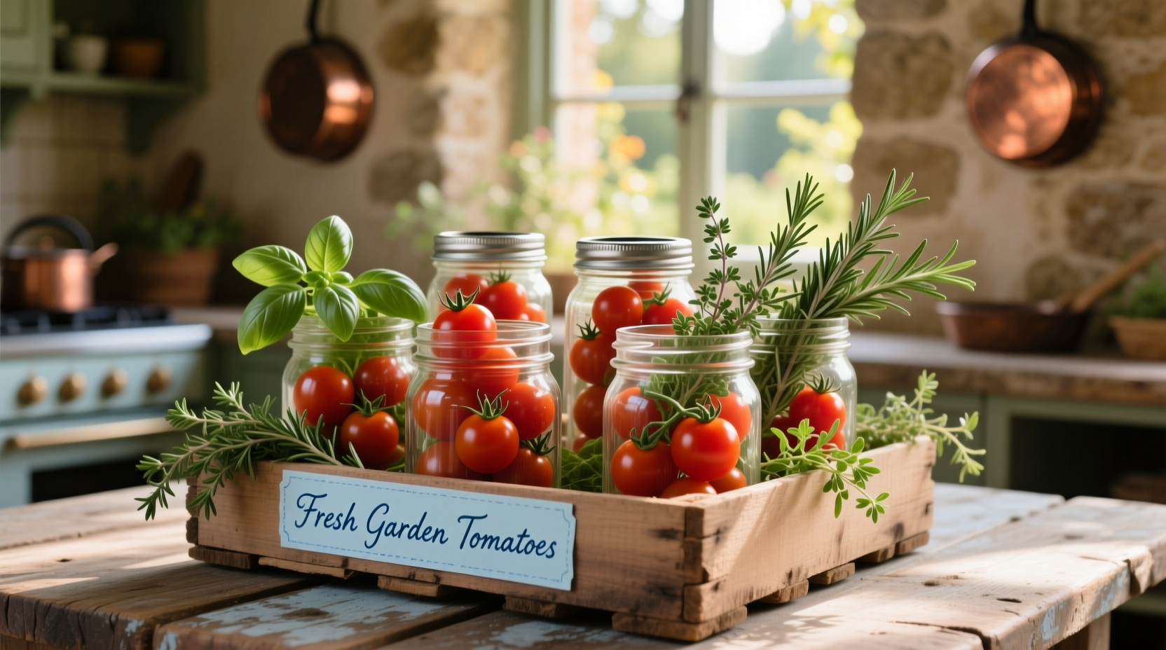 Cherry tomatoes in mason jars with fresh herbs