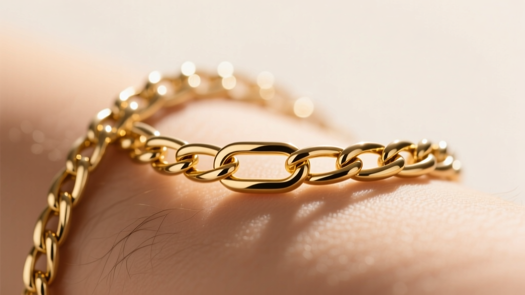 Macro shot of 14k gold Figaro links on skin, smooth edges preventing chest hair snags, bright natural light, sharp focus