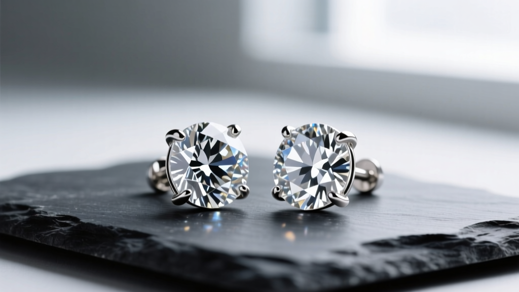 Large 5 carat diamond stud earrings on dark slate, soft lighting highlighting crisp facet reflections and secure platinum prongs.