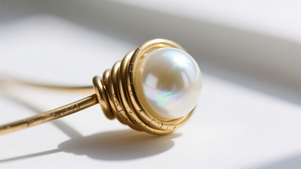 Close-up of 18-gauge gold-plated brass wire showing light patina and tight structural binding around a small white baroque pearl.