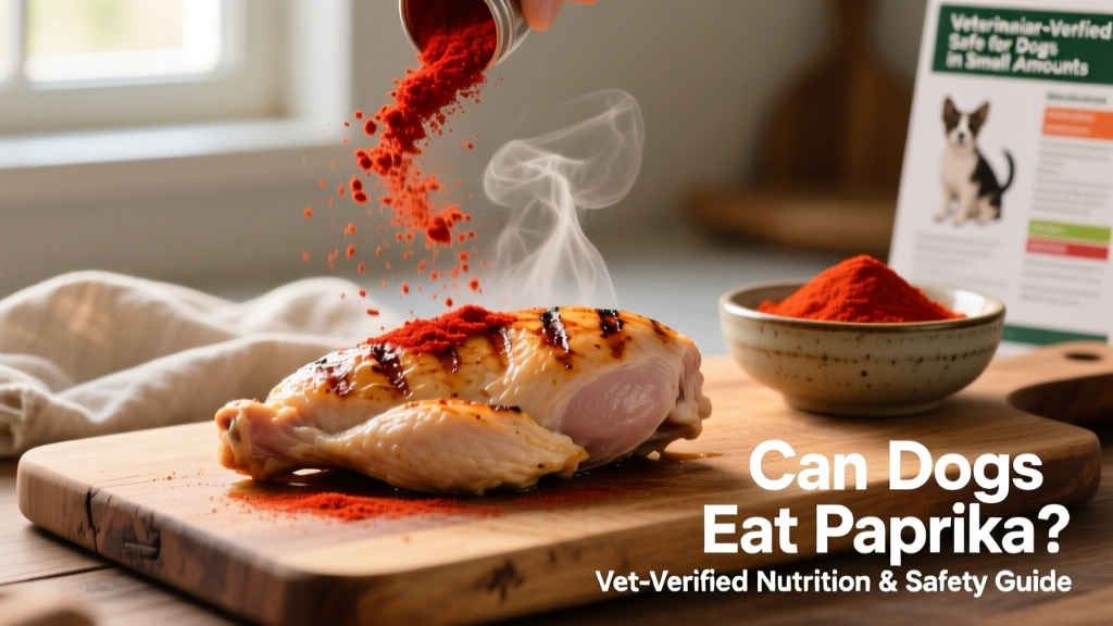 Close-up of red paprika powder being sprinkled over plain cooked chicken