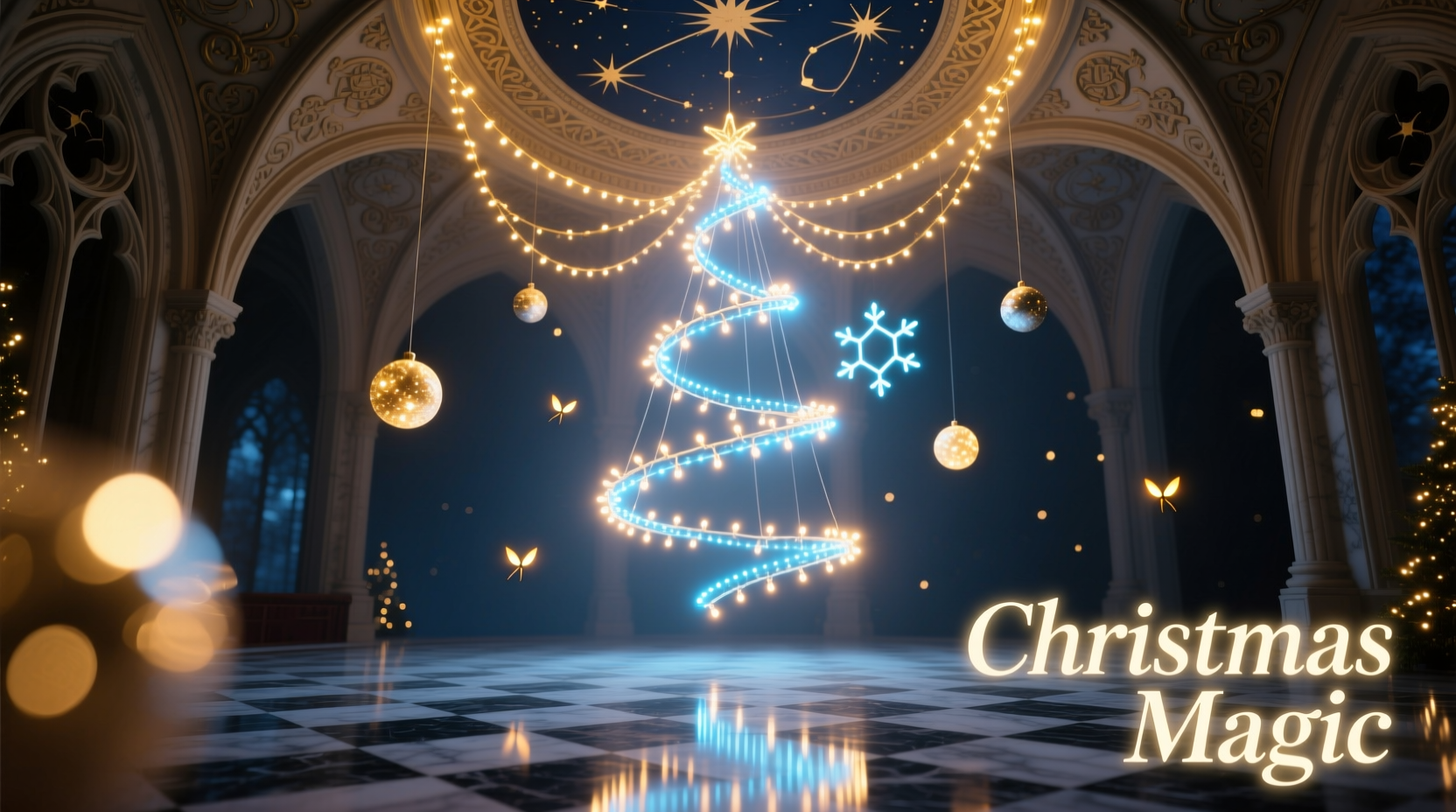 how to make a floating illusion of christmas lights on a ceiling