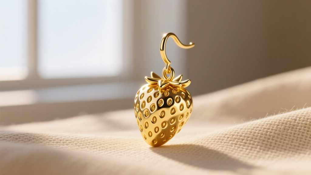 Side view of a hollow-cast 18k yellow gold Strawberry Shortcake berry drop earring displayed on a textured beige linen backdrop
