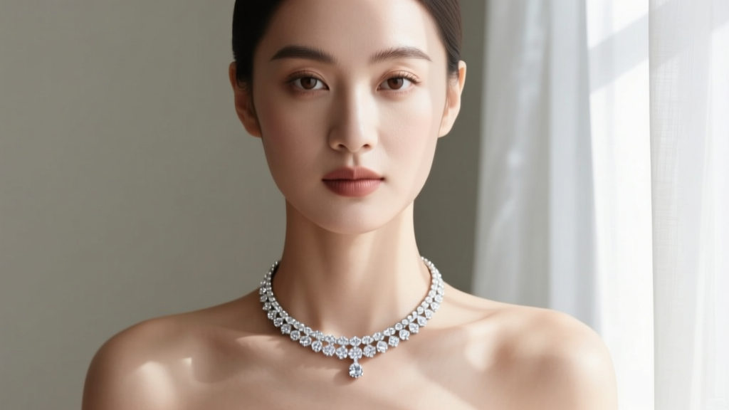Bride wearing a platinum collar necklace with pave diamonds against a bare neckline, soft natural window lighting, front view