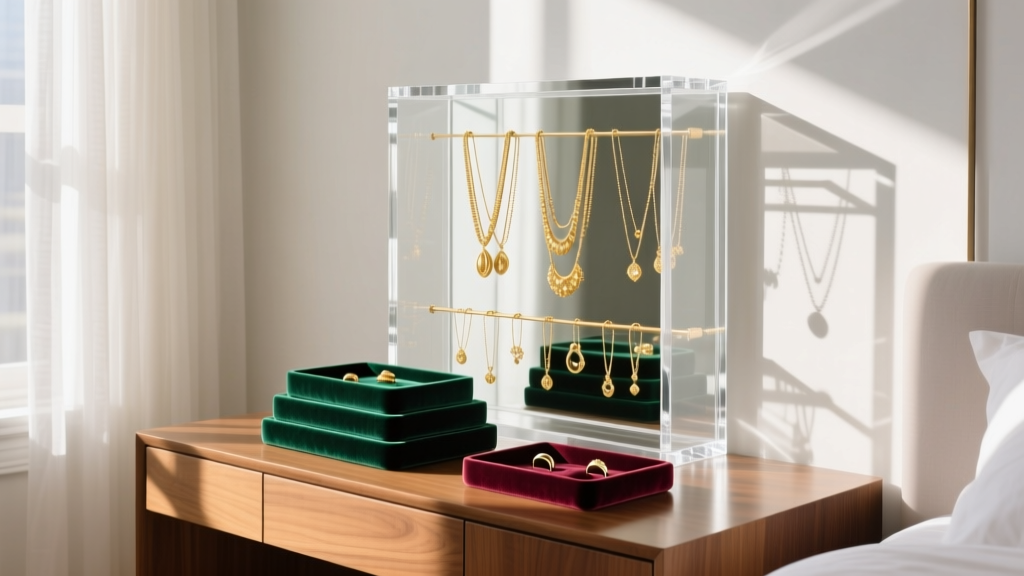 Bedroom vanity showing an acrylic jewelry armoire with hanging gold necklaces and stacked velvet ring trays in natural daylight