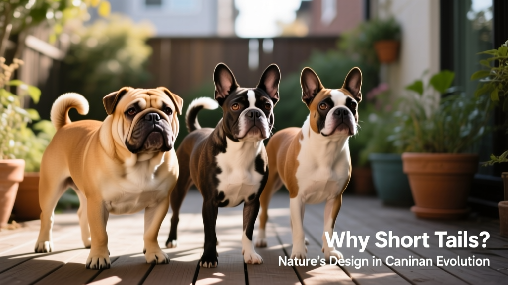 Group of short-tailed breeds including a Bulldog, French Bulldog, and Boston Terrier standing together, showcasing their distinctive tail shapes