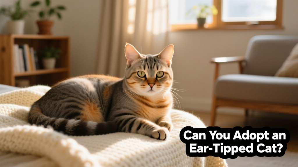 A relaxed, ear-tipped tabby cat curled up on a cozy blanket indoors, gazing calmly at the camera