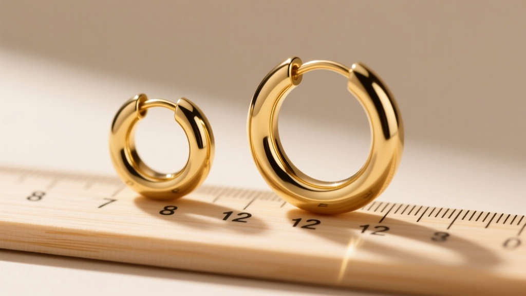Macro shot of an 8mm gold huggie hoop beside a 12mm standard hoop, showing inner diameter measurements on a small wooden ruler.