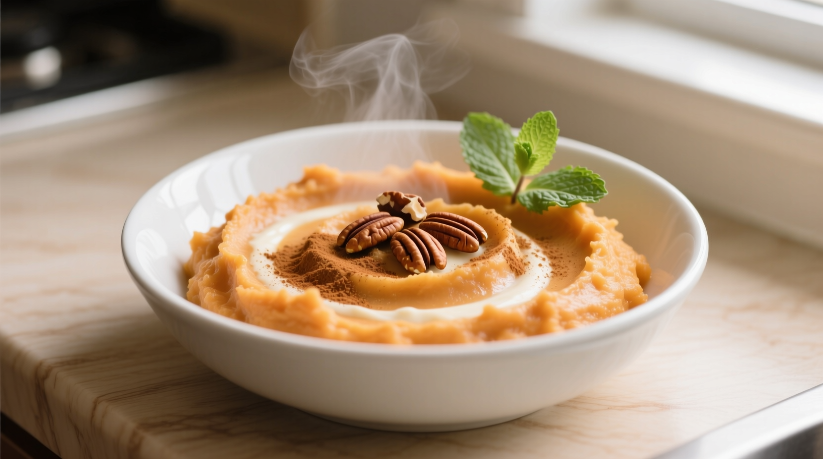 Creamy sweet potato mash in white bowl with garnish