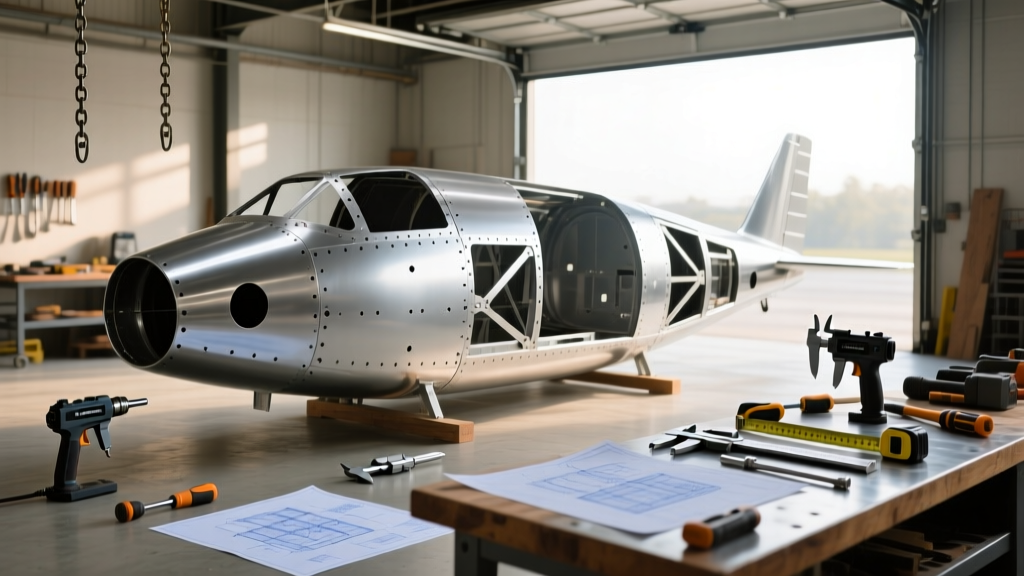 Partially assembled aluminum experimental aircraft fuselage in a bright garage, surrounded by aviation tools, rivet guns, and blueprints
