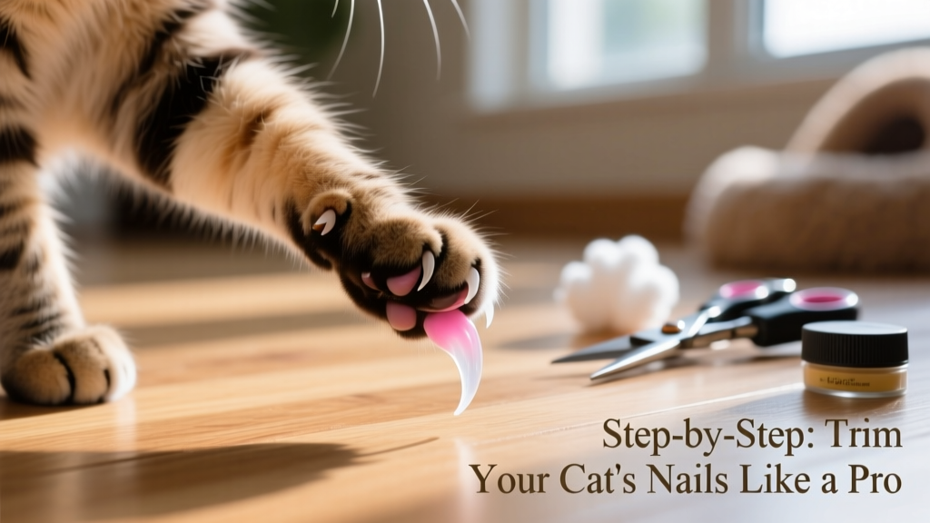 Close-up of a calm cat’s paw with extended claw, showing the pink quick clearly visible inside the translucent nail