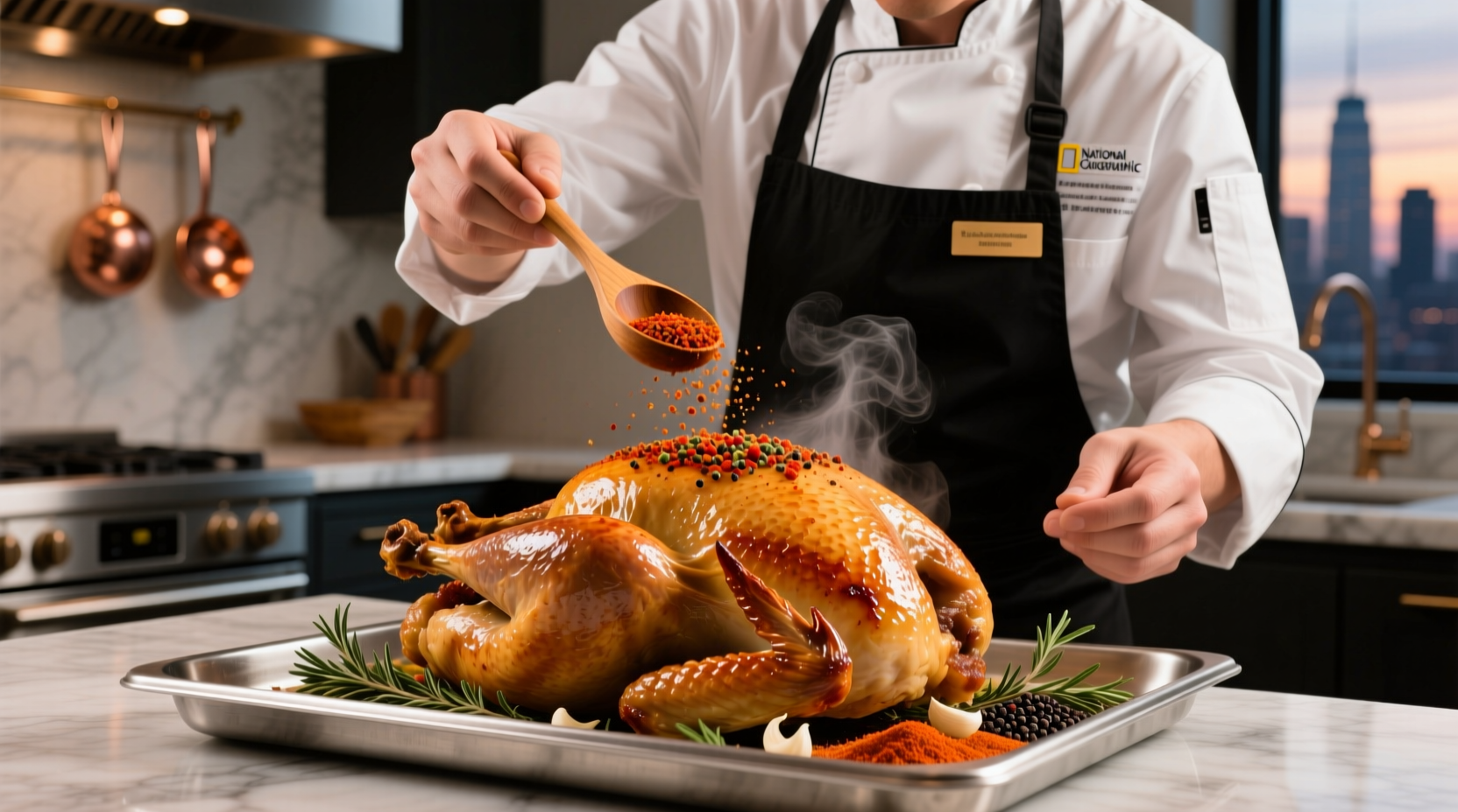 Professional chef seasoning turkey with spice blend
