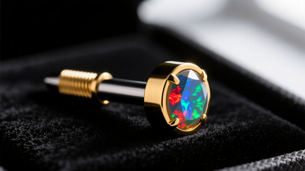 Macro photography of an ASTM F-136 titanium labret post with an internally threaded 14k gold opal end, resting on black velvet