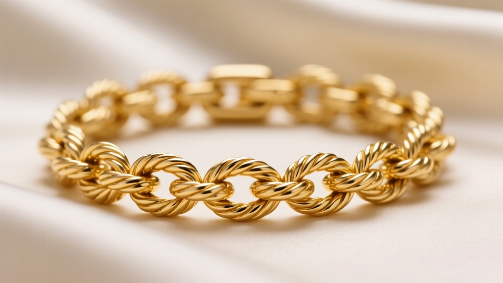 Macro shot of an interlocking 18k yellow gold rope chain showing tight link construction against a blurred silk backdrop