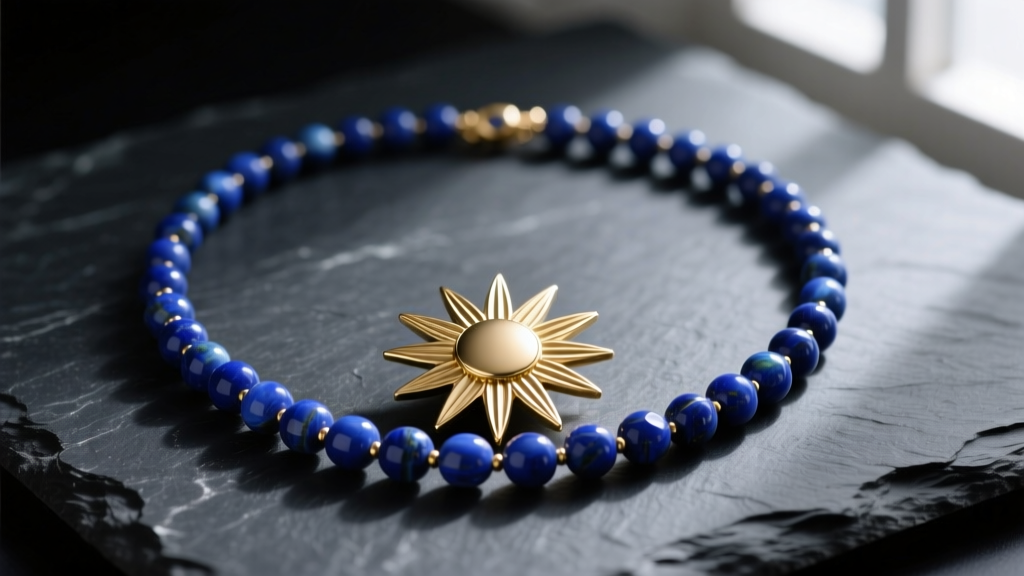 A beaded medallion necklace resting on dark slate, featuring a matte gold sunburst center surrounded by blue lapis beads.