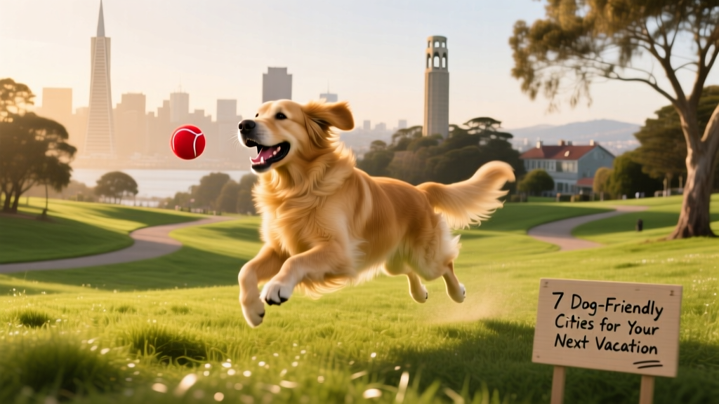 A golden retriever playing fetch in Golden Gate Park, San Francisco, with the city skyline in the background