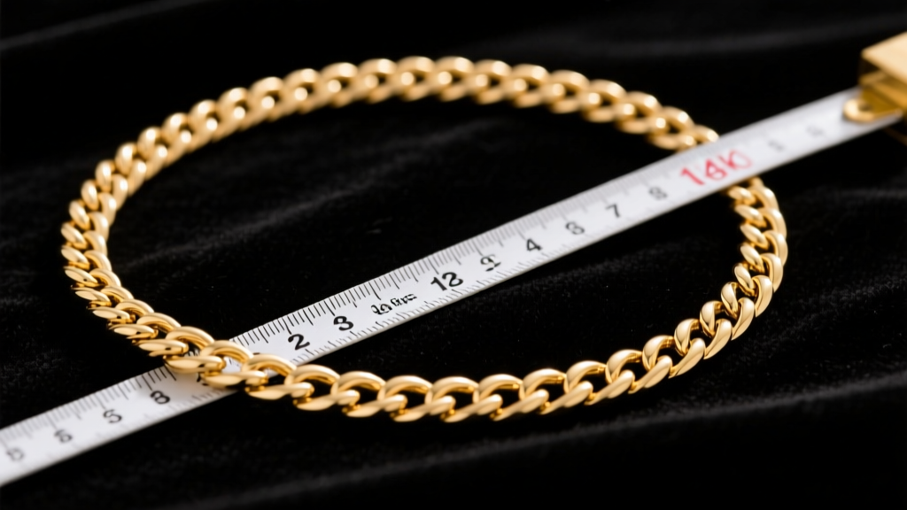 Tailor tape resting on an 18-inch 14k gold cable chain necklace against dark velvet, highlighting precise link sizing