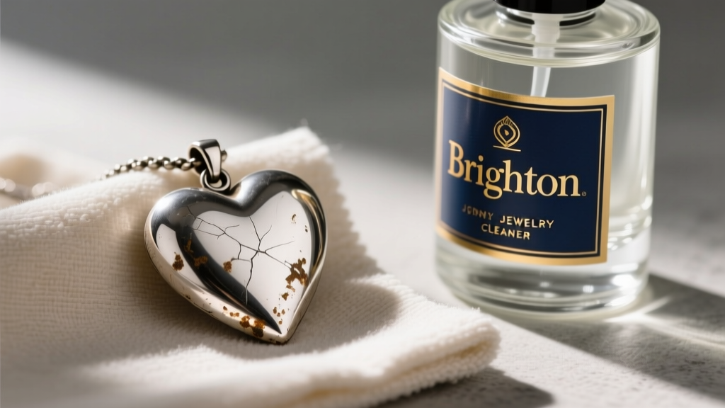 Close-up of a tarnished Brighton silver-plated heart pendant on a microfiber cloth beside a bottle of Brighton jewelry cleaner.