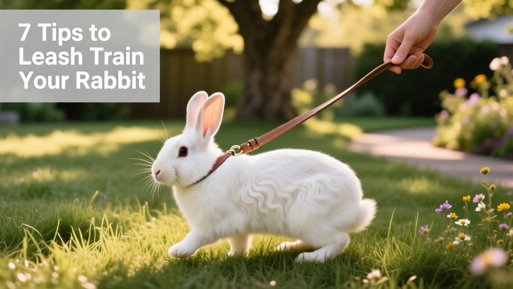 Rabbit walking calmly on a short leash in a grassy, shaded backyard with a gentle hand guiding nearby