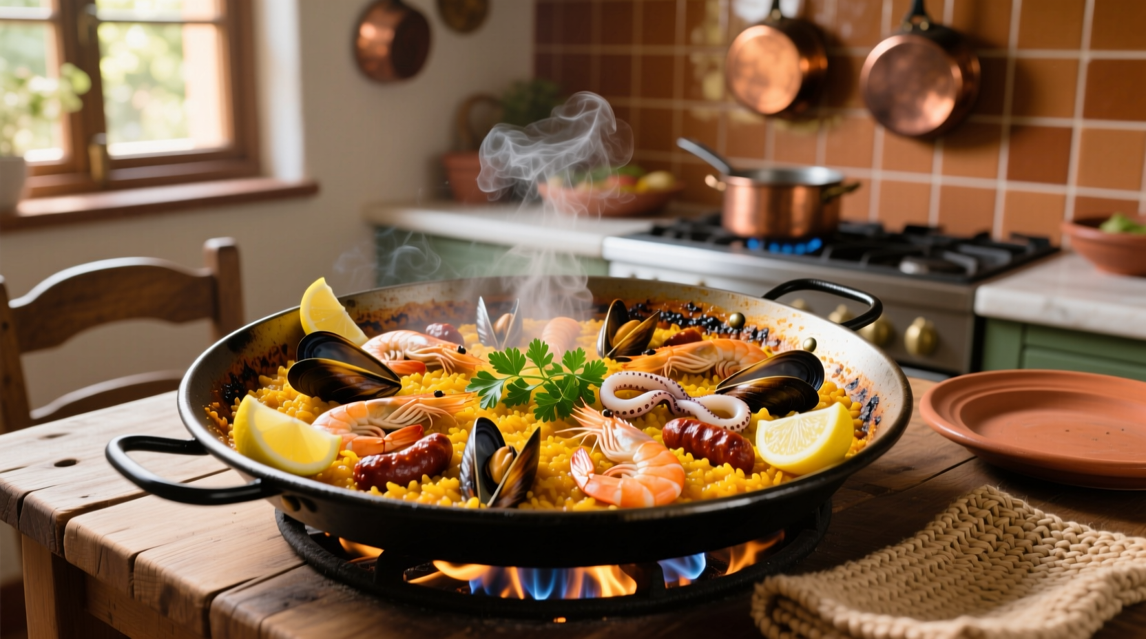 Traditional Spanish paella with saffron rice and seafood