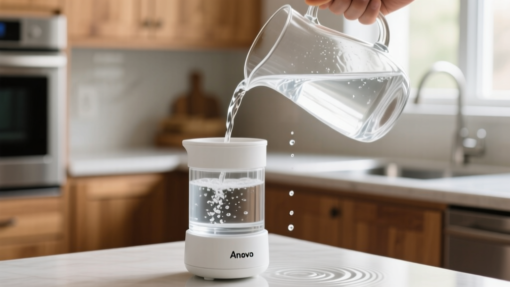 Close-up of the Anova Precision Oven 1.2-liter removable water tank being filled with filtered distilled water from a glass pitcher