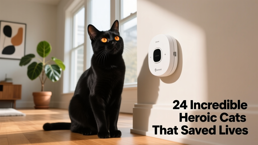 A sleek black cat standing alert beside a modern home smoke detector, looking intently upward