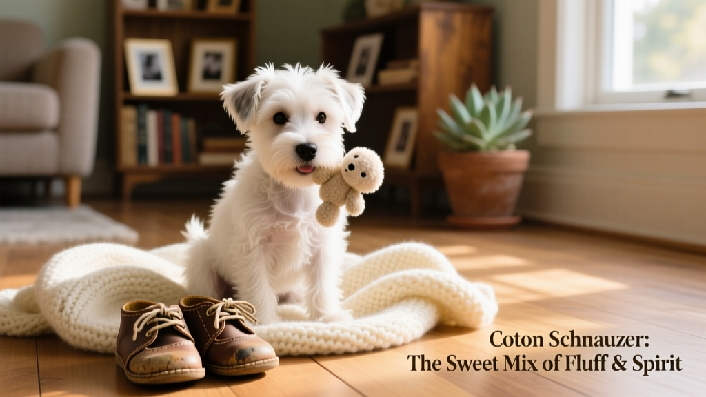 A young Coton Schnauzer puppy gently holding a soft toy in its mouth, sitting on a cozy blanket beside a pair of children's shoes