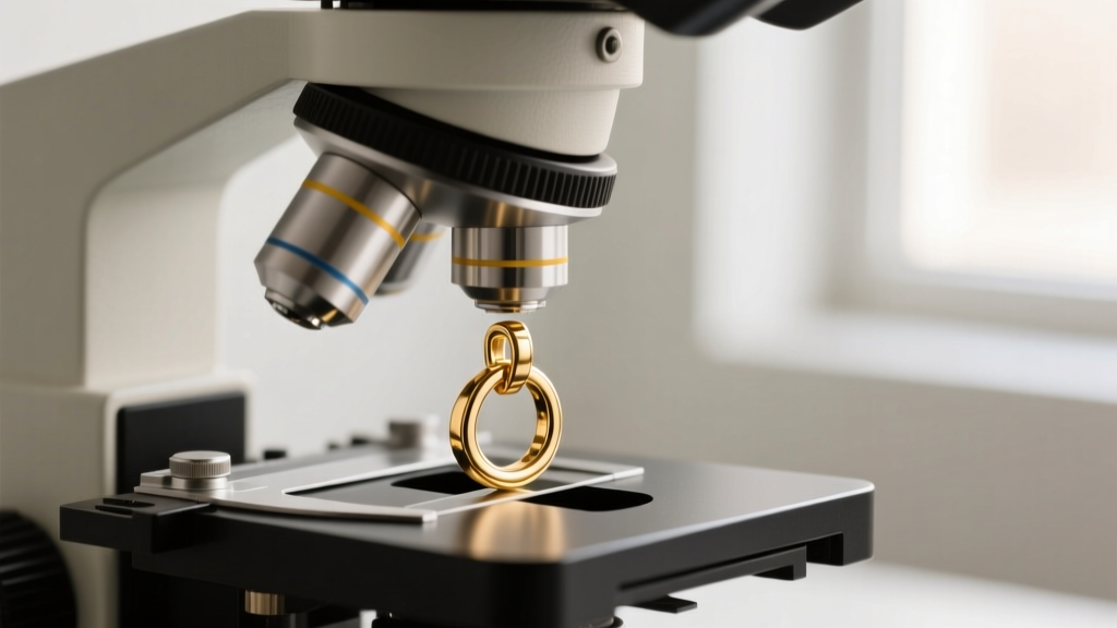 Jeweler examining a dual-hole pendant bail connector under a microscope, highlighting the laser-welded anchor points on 18k gold