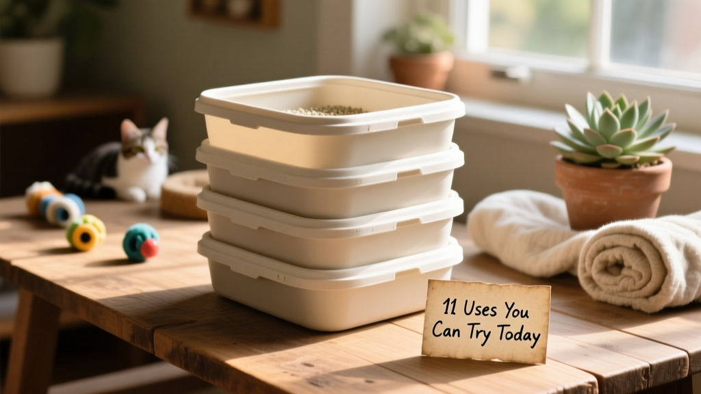 Stack of clean, empty cat litter jugs ready for repurposing