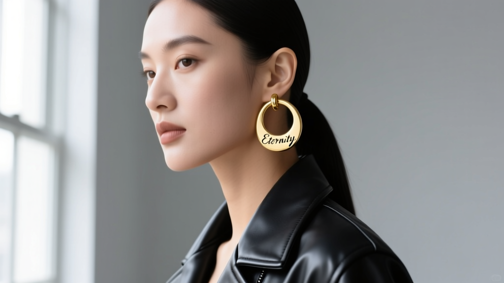 Studio portrait of a model wearing a single thick 14k gold hoop earring with engraved text, styled with a black leather jacket.
