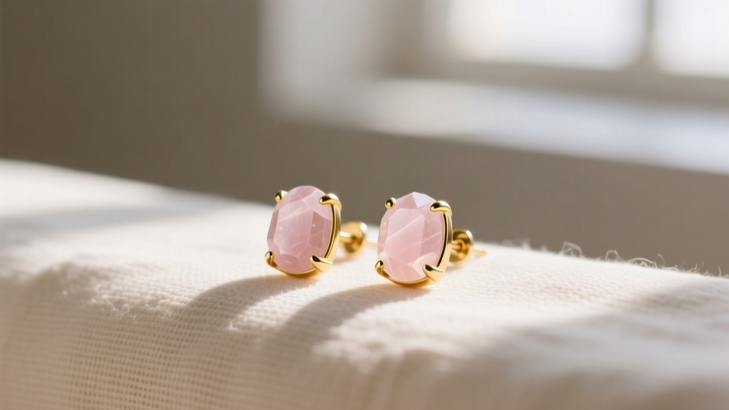 Close-up of genuine rose quartz stud earrings in 14k gold bezels resting on cream linen cloth under soft natural morning light