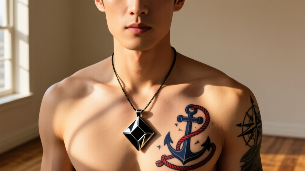 Man wearing a black rhodium geometric pendant above a traditional nautical chest tattoo, illuminated by warm natural sunlight.