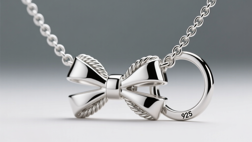 Macro photography of a sterling silver bow necklace clasp and jump ring, showing the 0.9mm cable chain weave and hallmark stamp.