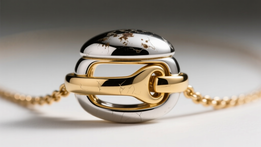 Macro shot of silver-topped gold and platinum necklace clasps, revealing dark tarnish on the older silver-topped metal surface.