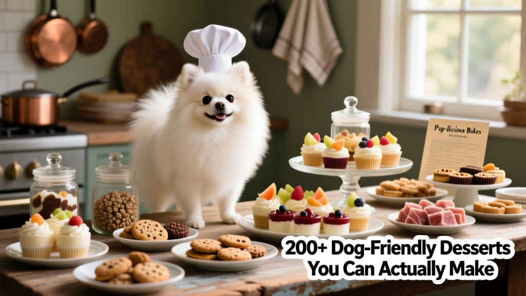 A fluffy white dog wearing a tiny chef’s hat beside a dessert display