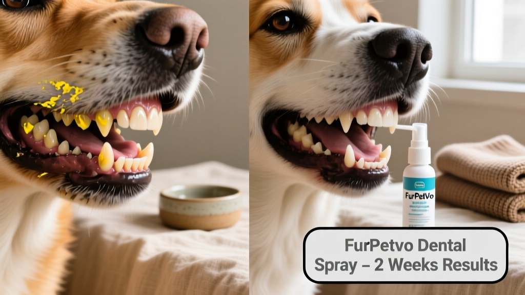 Side-by-side comparison of a dog's teeth before and after 2 weeks of using FurPetVo dental spray, showing reduced yellowing and visible plaque