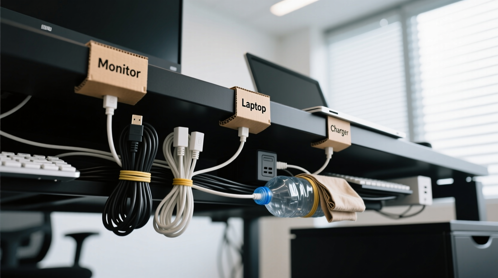 best way to organize cables under a desk without buying new tools