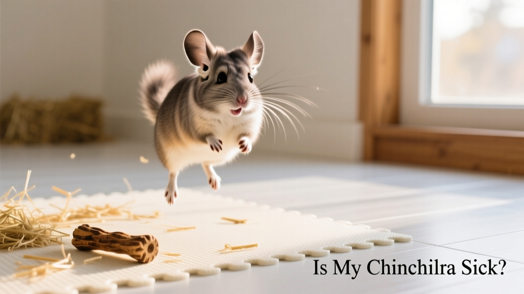 Happy chinchilla mid-jump on a clean, spacious play mat with hay and a wooden chew toy nearby