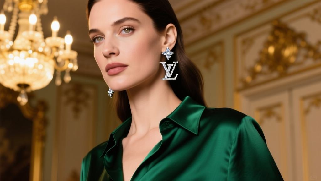 Close-up of a woman in silk wearing diamond LV Louise hoop earrings, showing gemstone sparkle under warm chandelier lighting.