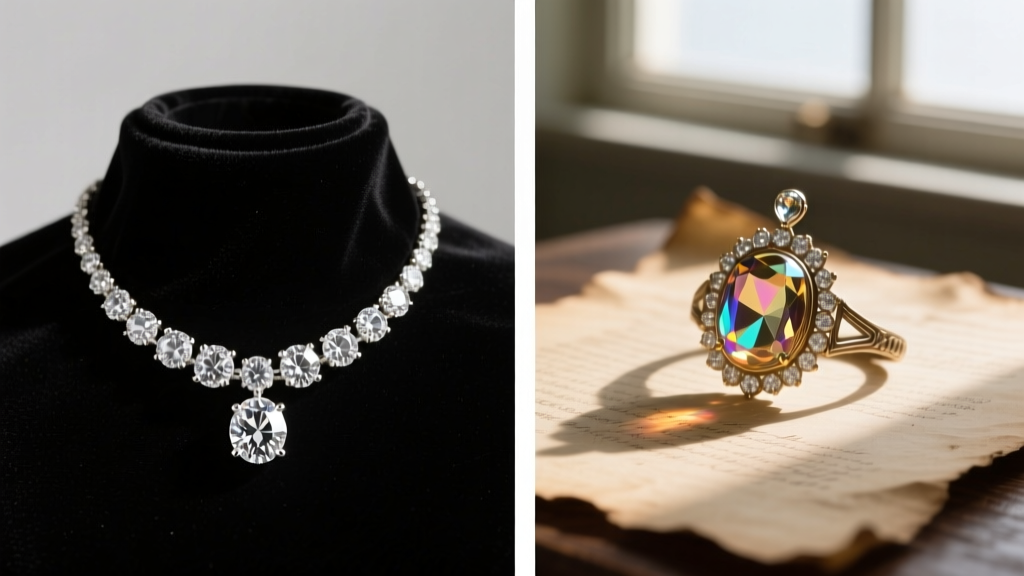 Split-screen still life showing a natural diamond necklace on black velvet beside a vintage nineteenth-century paste glass replica