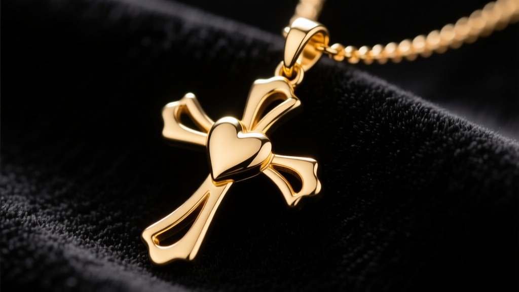 Macro shot of a 14k gold cross necklace heart pendant on dark velvet, highlighting the asymmetrical design and top bail loop.