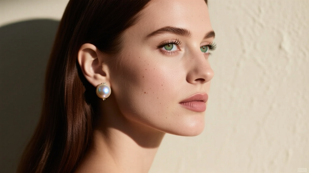 Woman wearing a single 12mm South Sea pearl drop earring, glancing over her shoulder in soft, dramatic chiaroscuro lighting.