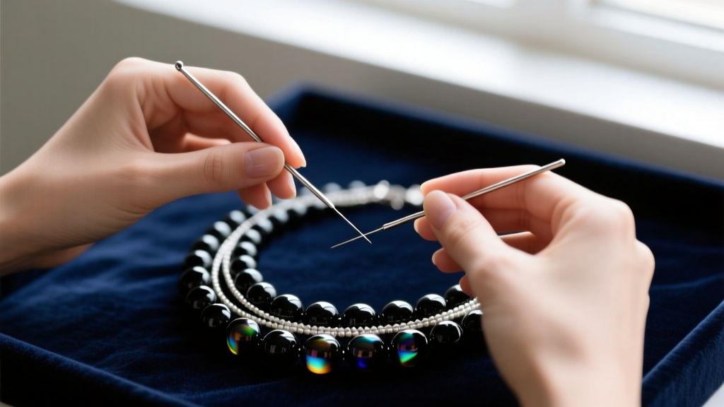 Two hands using fine needles to gently separate knotted black glass beads on a multi-strand necklace over a dark velvet pad.