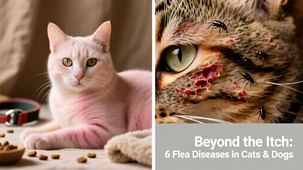 Side-by-side comparison: healthy cat skin vs. inflamed, scabbed skin from flea allergy dermatitis