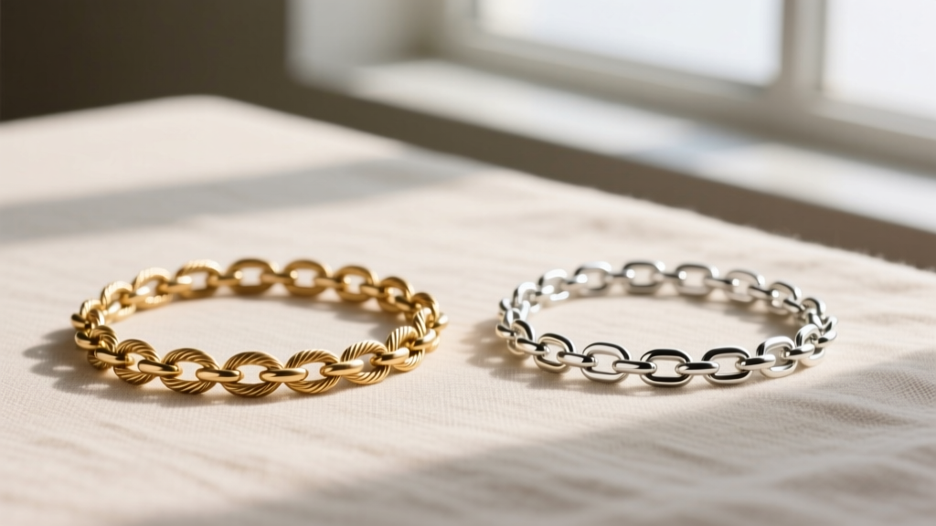 Close-up comparing a delicate brass cable chain and a 925 sterling silver rolo chain side-by-side on a neutral linen background.