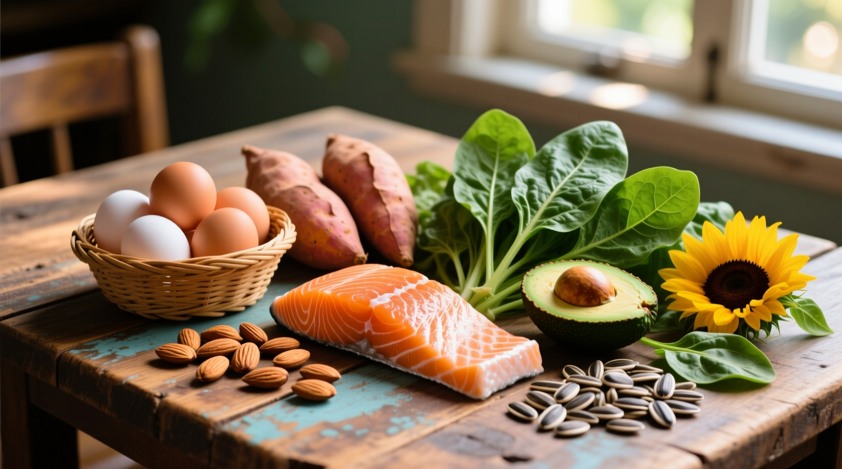 Colorful assortment of biotin-rich foods on wooden table