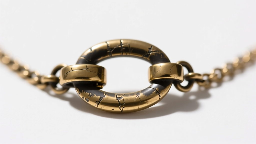 Extreme close-up of a brass necklace clasp showing worn flash plating revealing dark base metal against a white background